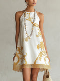 Héloïse | Vestido Mini Blanco de Encaje con Motivos Dorados