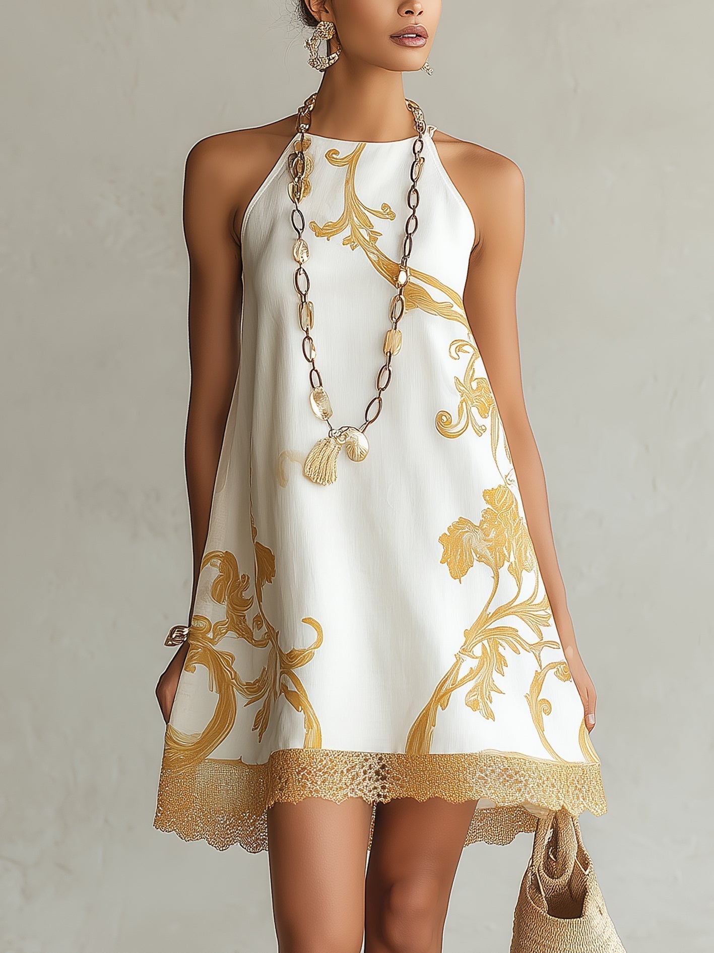 Héloïse | Vestido Mini Blanco de Encaje con Motivos Dorados