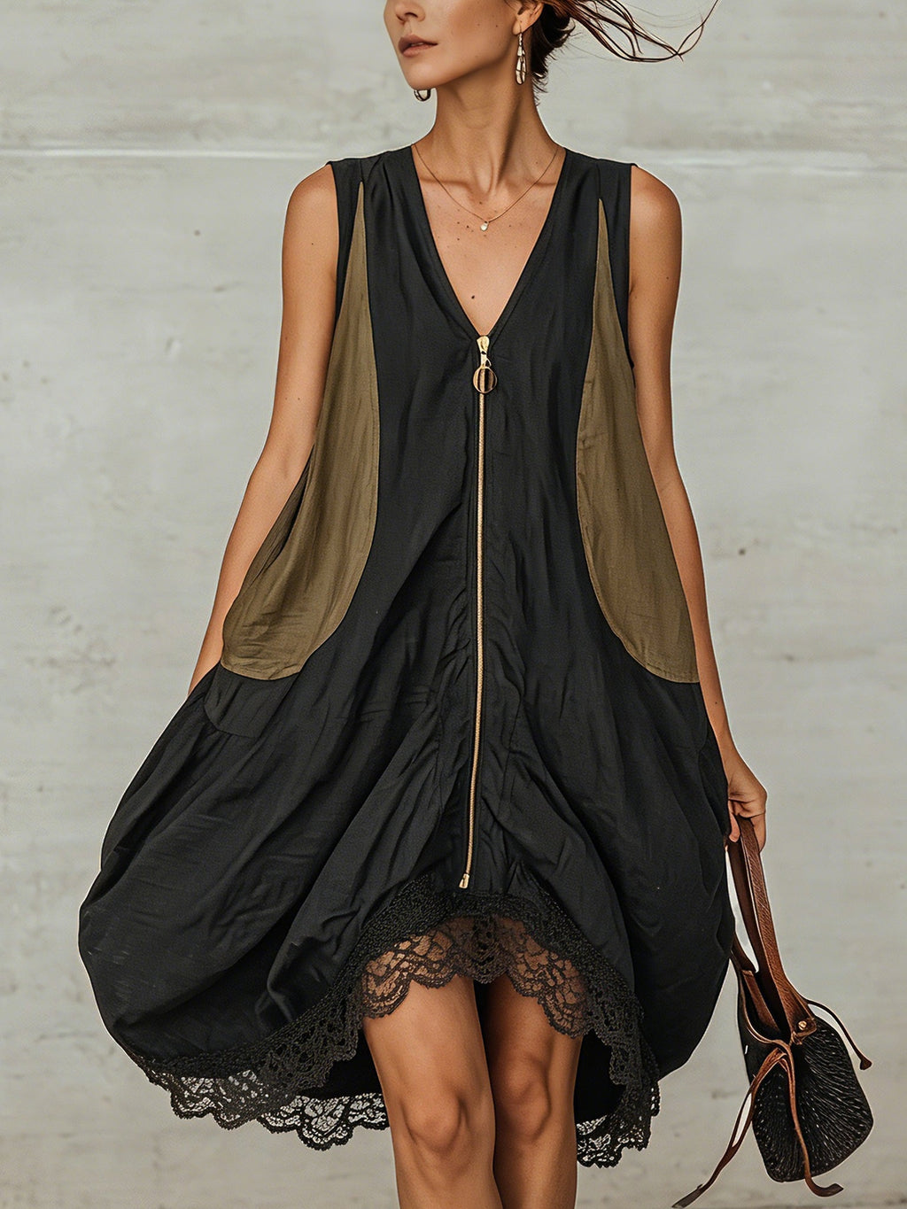 Inès | Vestido Mini Negro Tulipán con Cremallera Frontal Colorblock
