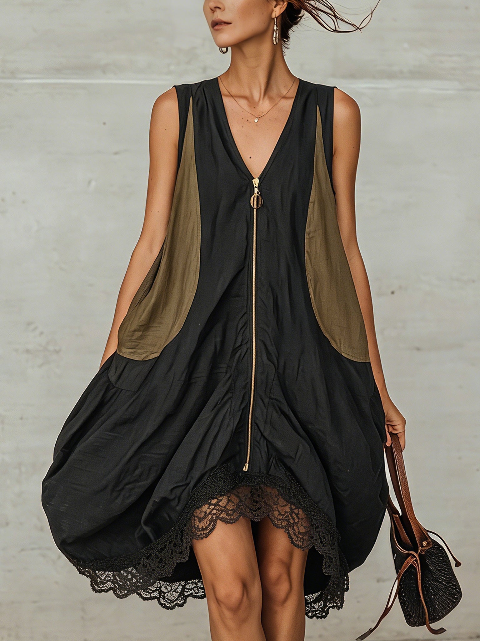 Inès | Vestido Mini Negro Tulipán con Cremallera Frontal Colorblock