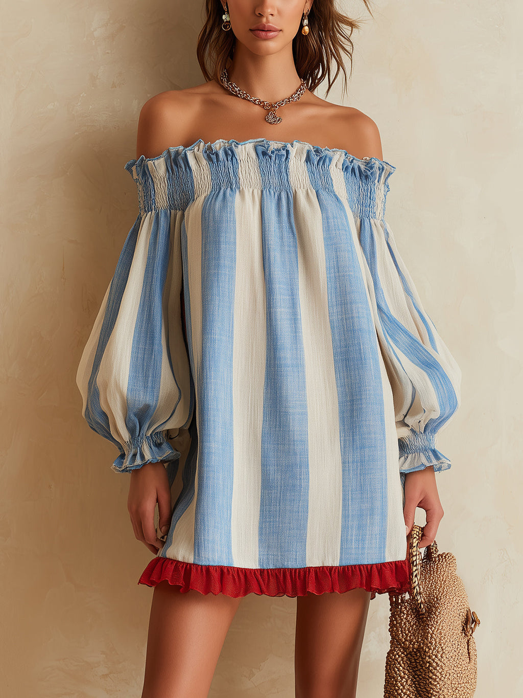 Ondine | Vestido Mini de Rayas Azul y Blanco con Hombros al Descubierto y Bajo Contrastado