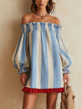 Ondine | Vestido Mini de Rayas Azul y Blanco con Hombros al Descubierto y Bajo Contrastado