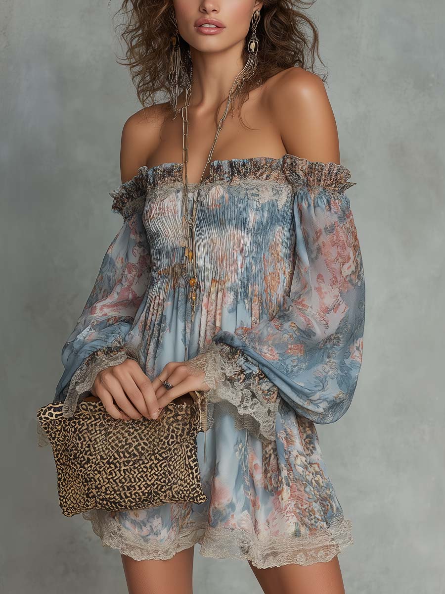Romane | Vestido Mini de Muselina Fruncida con Hombros al Descubierto y Flores Románticas
