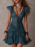 Delphine | Mini Vestido Retro Azul de Encaje y Muselina con Volantes