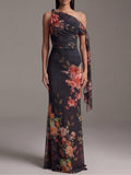 Vestido Maxi Plisado de Chifón Estampado Negro Asimétrico