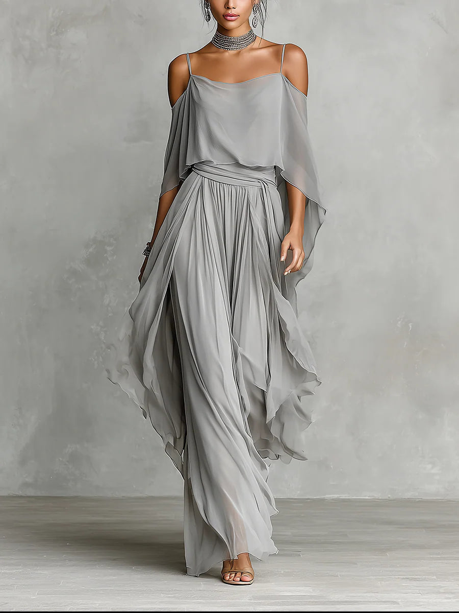 Conjunto de Chifón Gris: Top y Pantalón