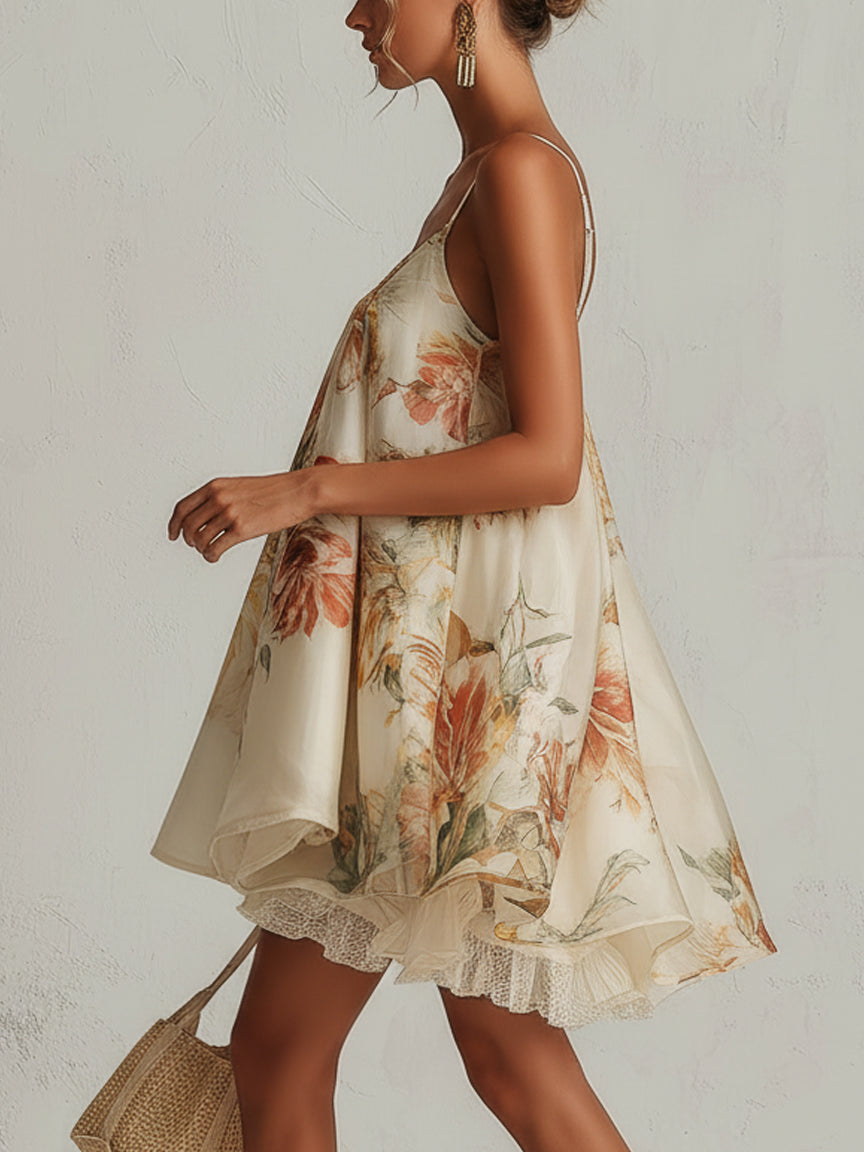 Blanche | Vestido Mini Trapecio de Organza Floral Beige con Ribete de Encaje