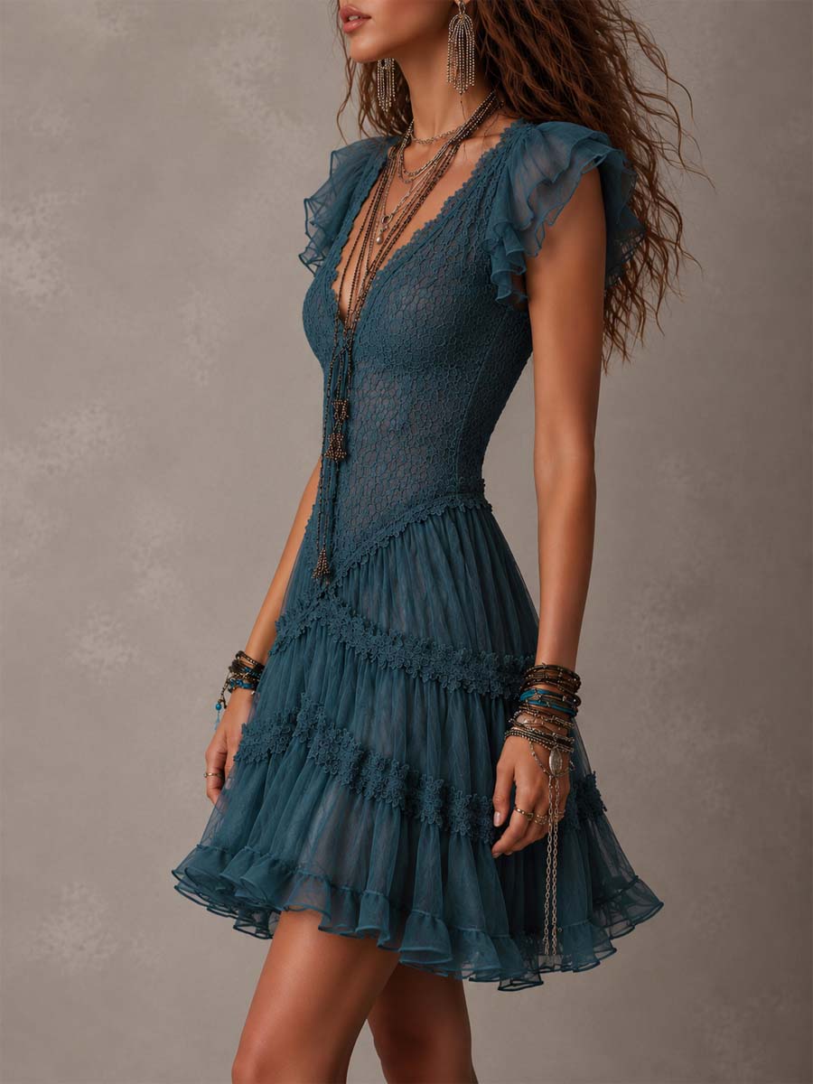 Delphine | Mini Vestido Retro Azul de Encaje y Muselina con Volantes