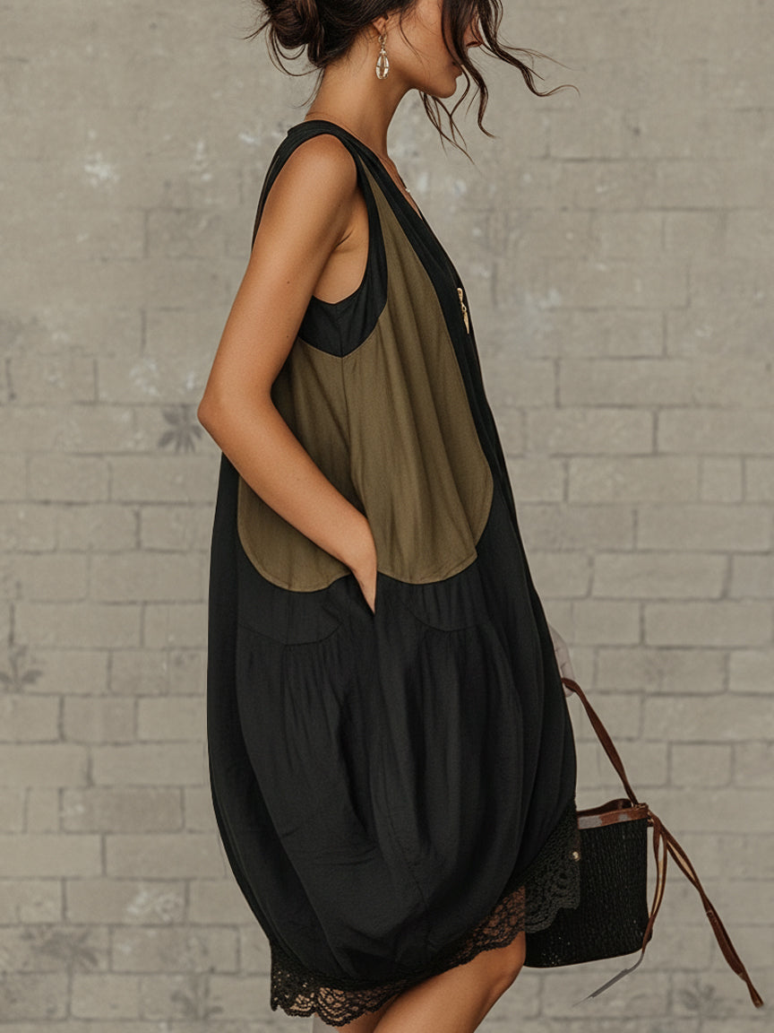 Inès | Vestido Mini Negro Tulipán con Cremallera Frontal Colorblock