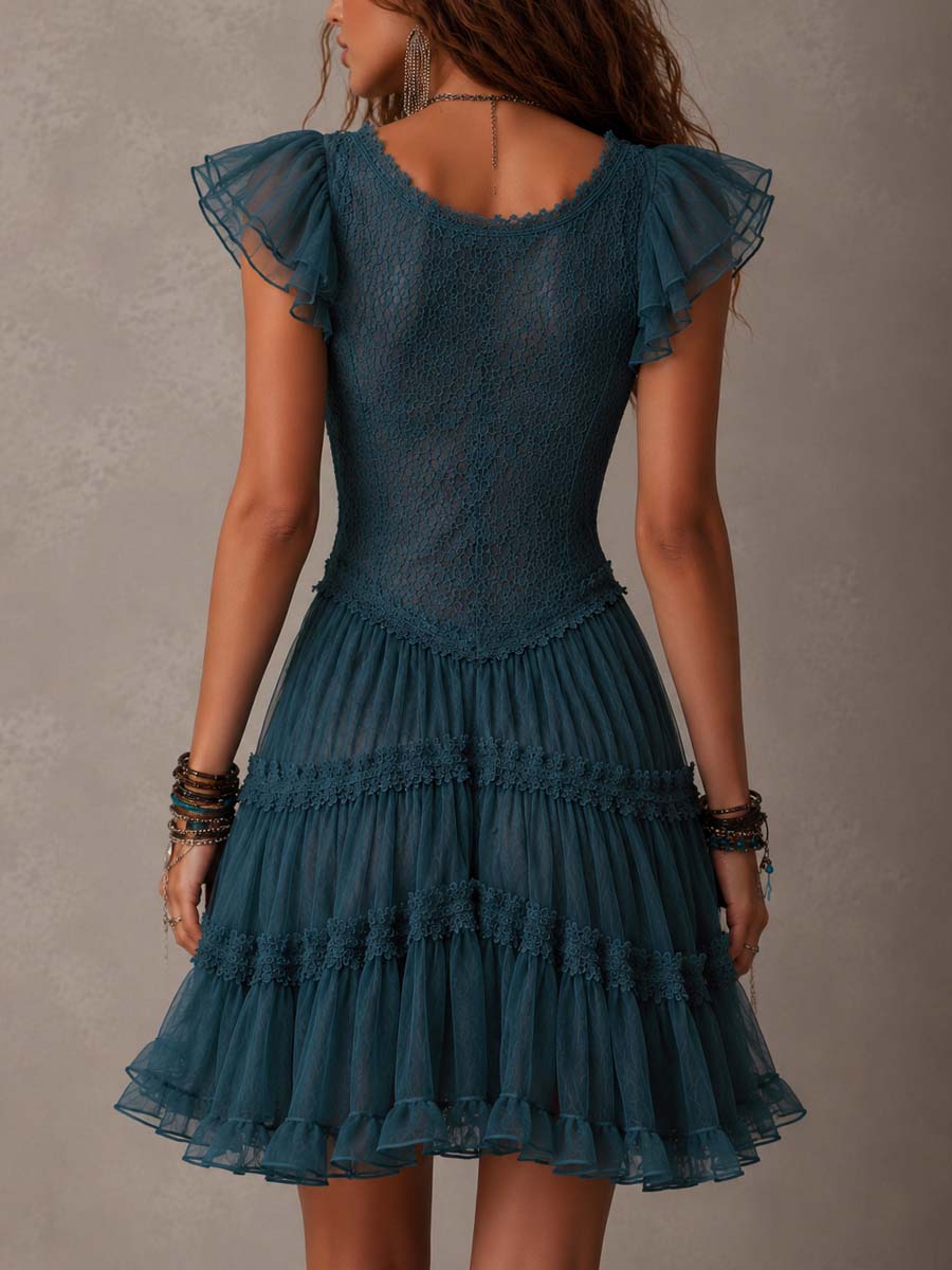 Delphine | Mini Vestido Retro Azul de Encaje y Muselina con Volantes
