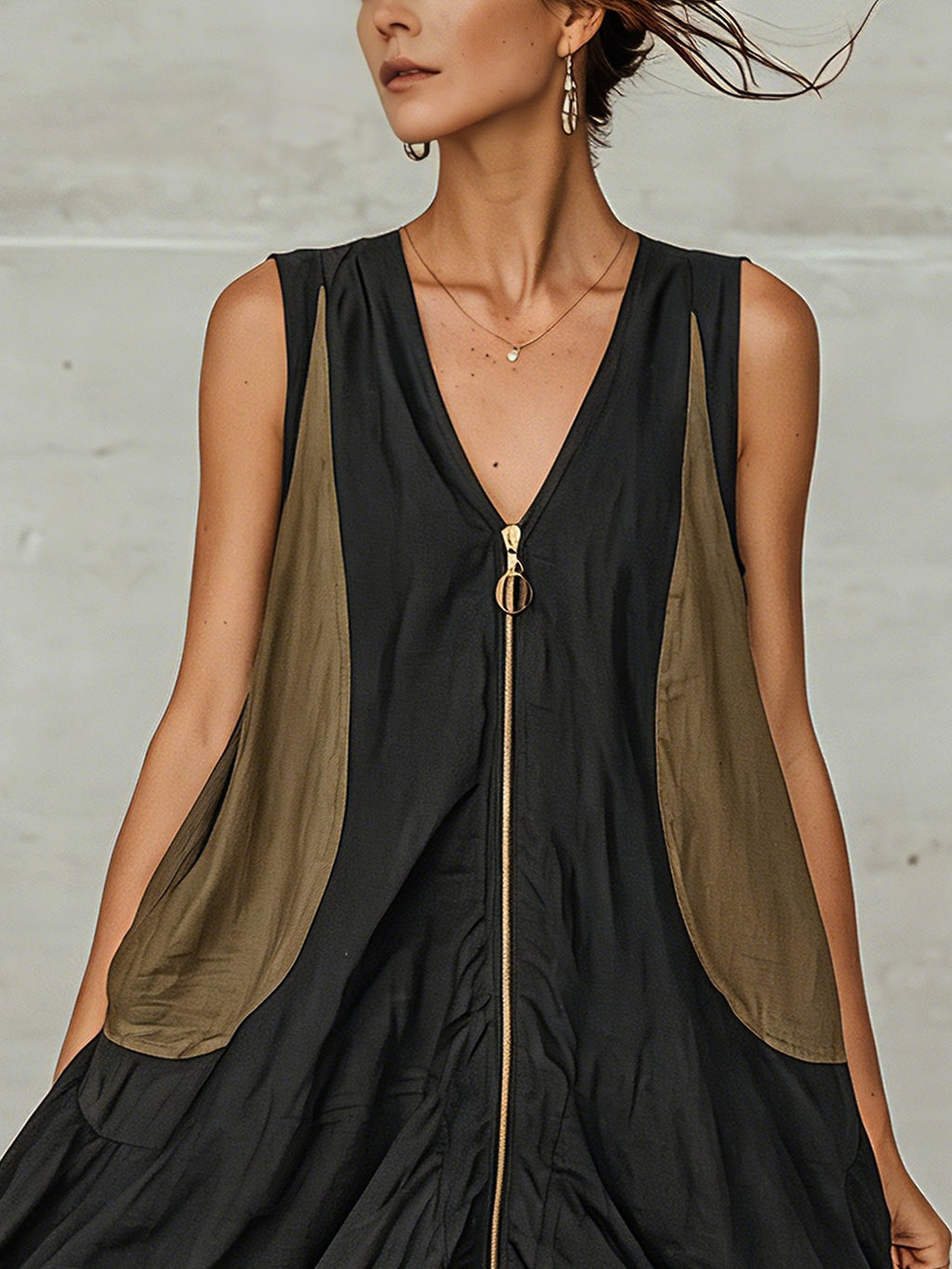 Inès | Vestido Mini Negro Tulipán con Cremallera Frontal Colorblock