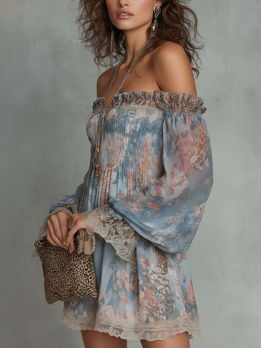 Romane | Vestido Mini de Muselina Fruncida con Hombros al Descubierto y Flores Románticas