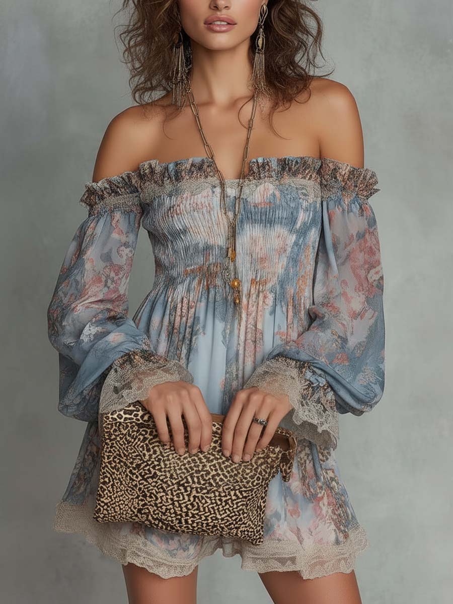 Romane | Vestido Mini de Muselina Fruncida con Hombros al Descubierto y Flores Románticas