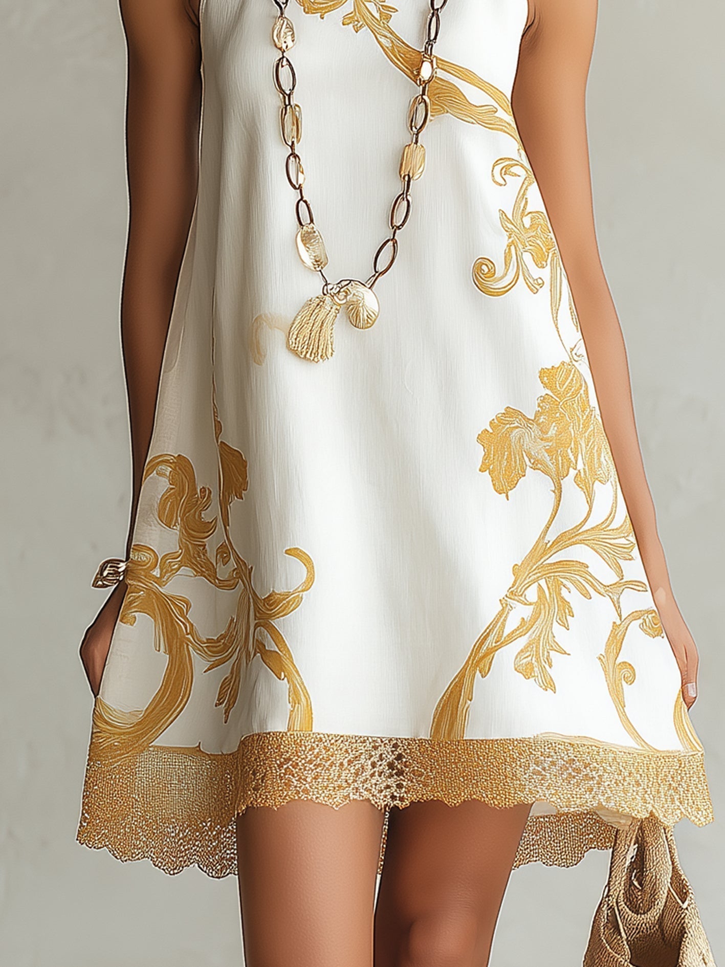Héloïse | Vestido Mini Blanco de Encaje con Motivos Dorados