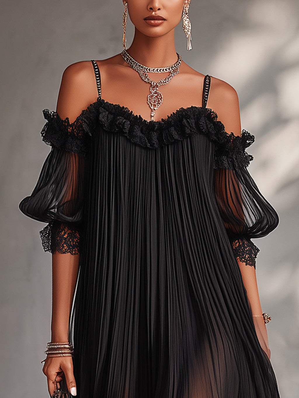 Camille | Vestido Mini Negro de Muselina con Hombros al Descubierto y Ribete de Encaje