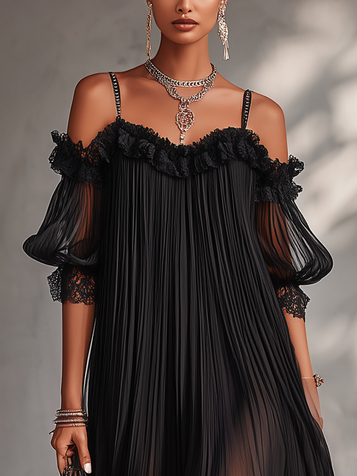 Camille | Vestido Mini Negro de Muselina con Hombros al Descubierto y Ribete de Encaje