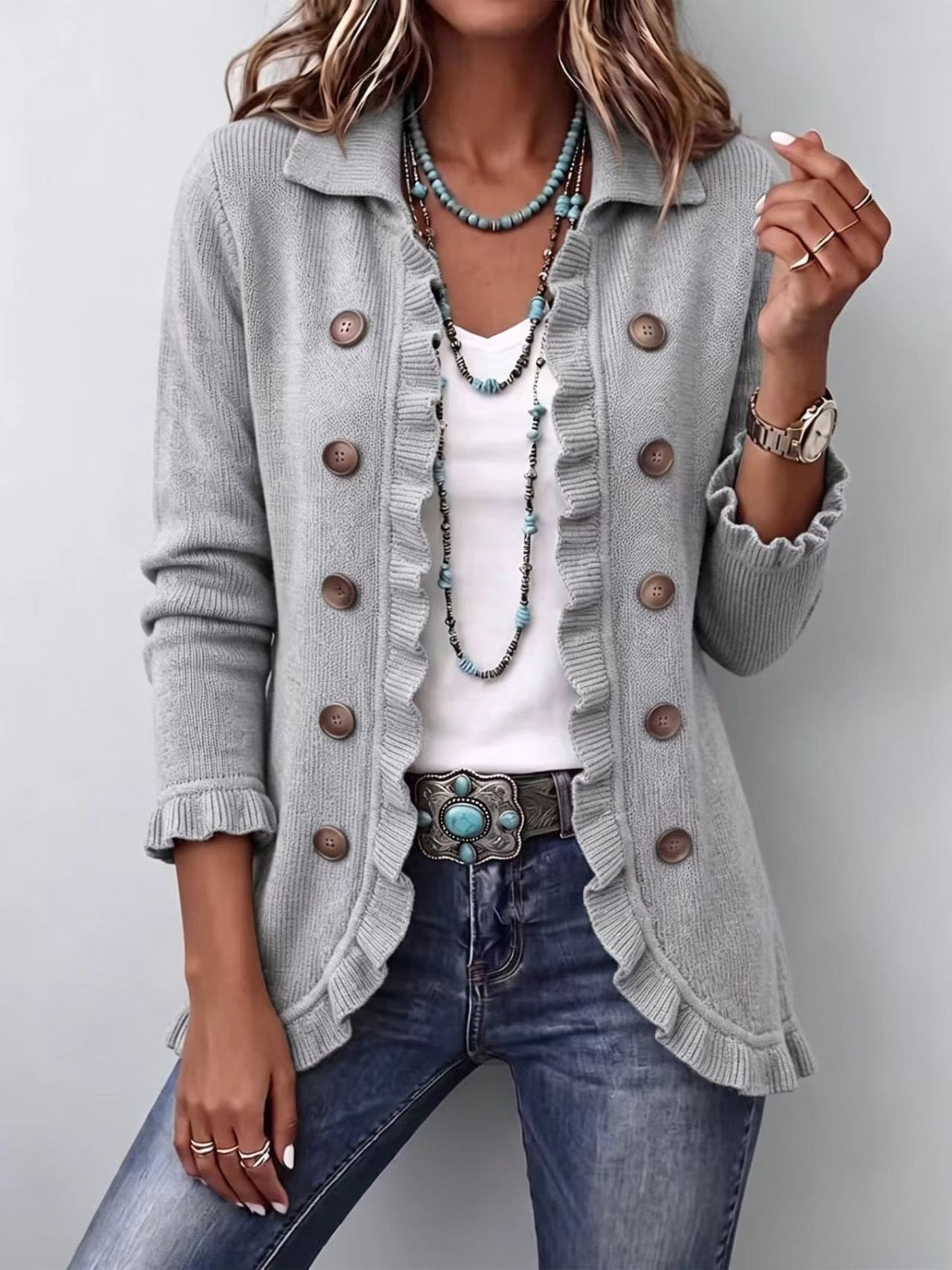 Théodora | Chaqueta de Punto Canalé Gris Jaspeado con Volantes