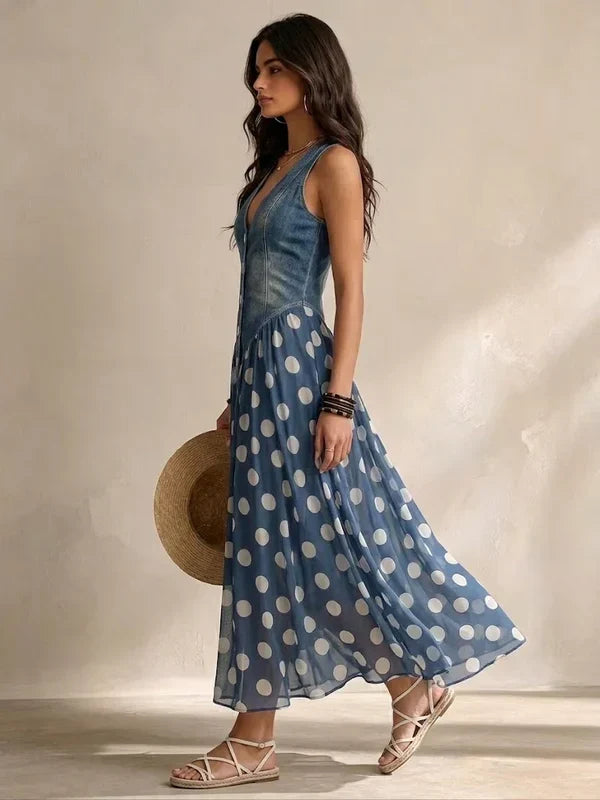 Maya | Vestido con Cuerpo Vaquero y Falda de Muselina de Lunares