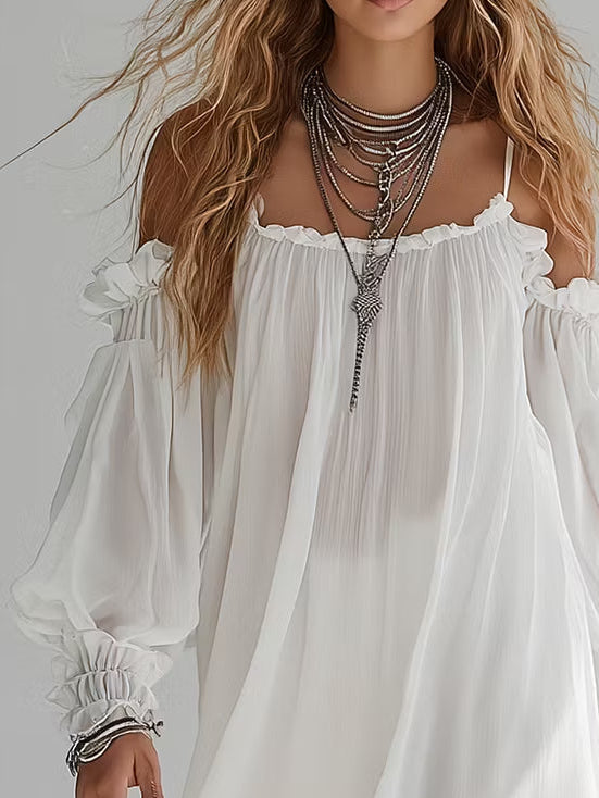 Mélusine | Vestido Mini Blanco Fluido Estilo Bohemio con Hombros al Descubierto