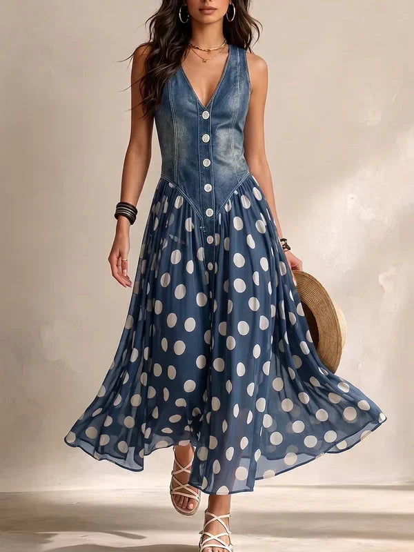 Maya | Vestido con Cuerpo Vaquero y Falda de Muselina de Lunares
