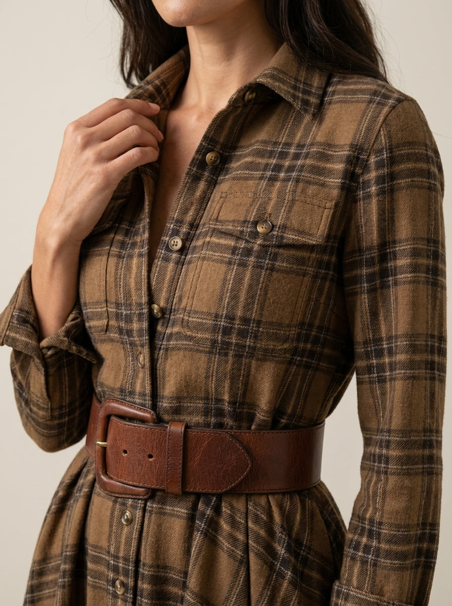 Beatriz – Vestido Largo de Cuadros con Cinturón