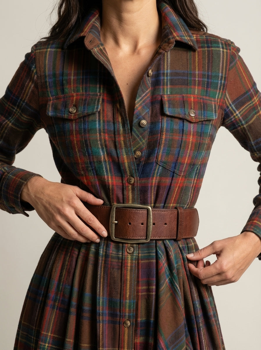 Beatriz – Vestido Largo de Cuadros con Cinturón