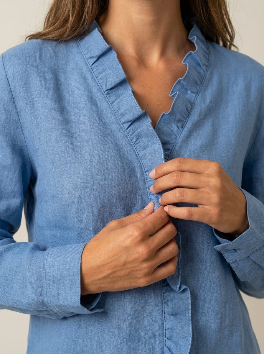 Indie – Blusa con Volantes, Cuello en V y Mangas Largas
