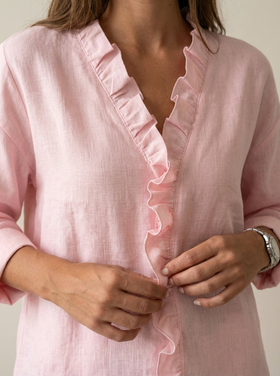 Indie – Blusa con Volantes, Cuello en V y Mangas Largas