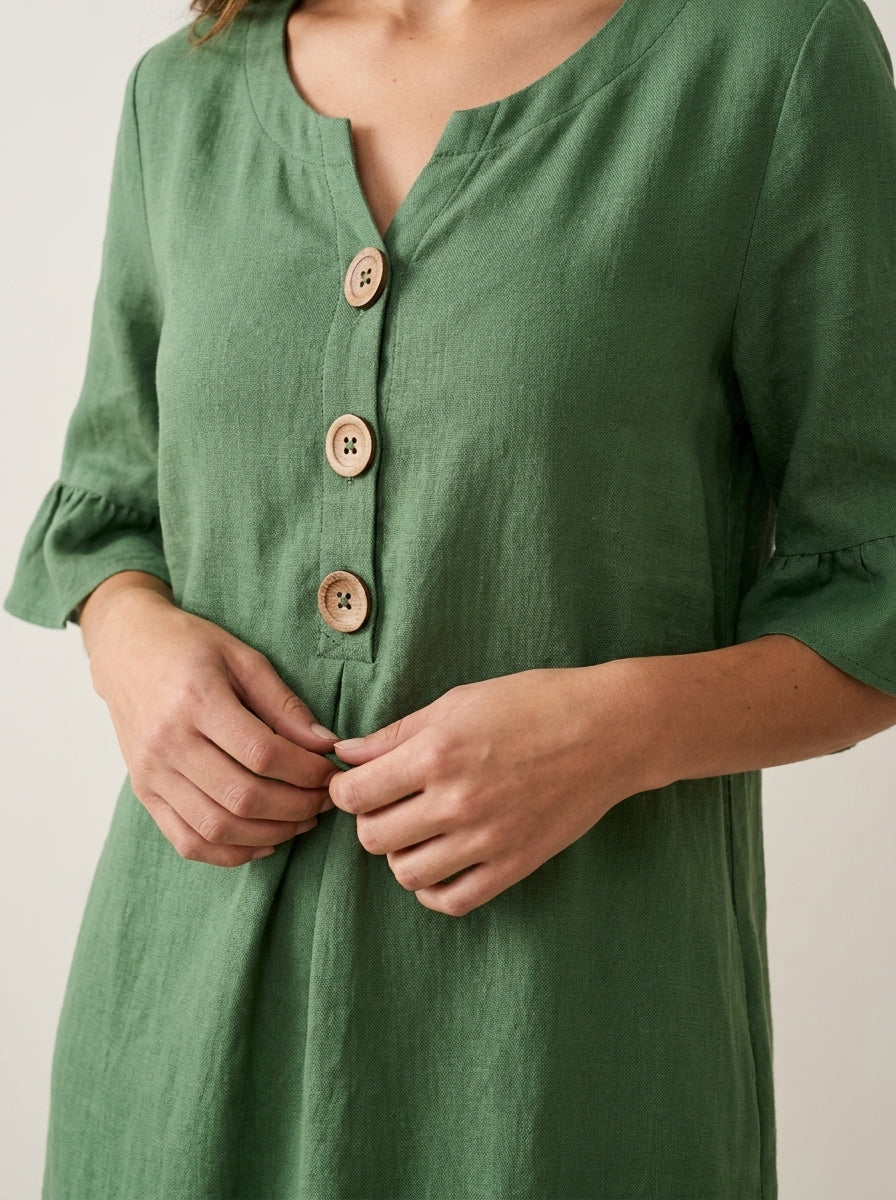 Vanesa - Vestido de Lino con Mangas Abullonadas y Botones