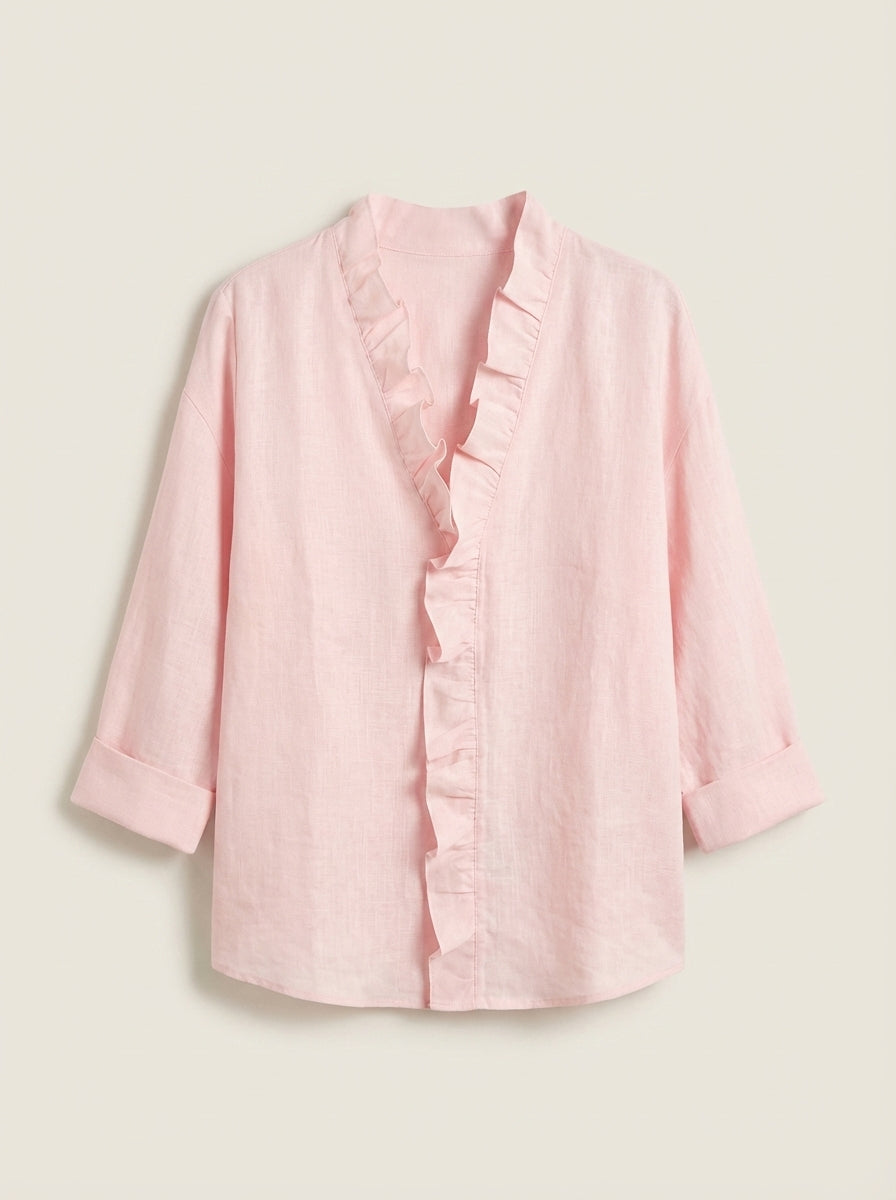 Indie – Blusa con Volantes, Cuello en V y Mangas Largas