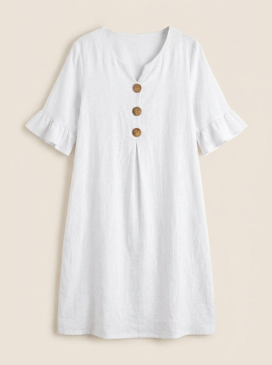 Vanesa - Vestido de Lino con Mangas Abullonadas y Botones