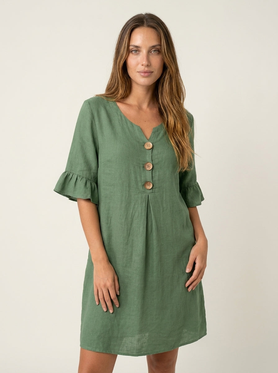 Vanesa - Vestido de Lino con Mangas Abullonadas y Botones