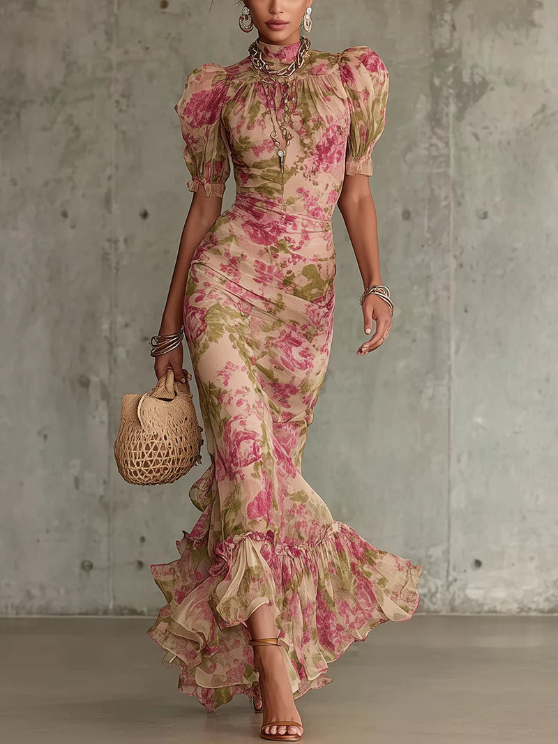 Vestido Maxi con Estampado de Rosas Vintage y Mangas Abombadas
