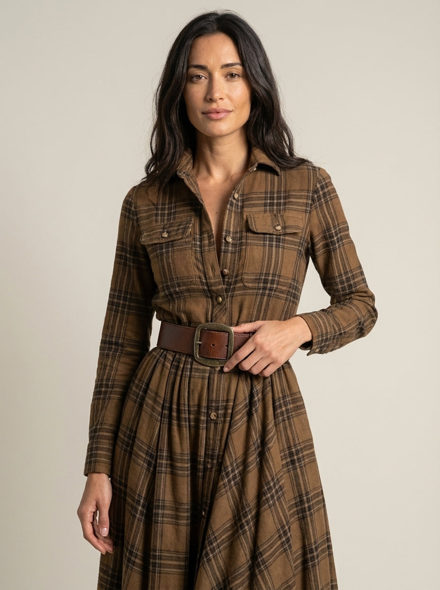 Beatriz – Vestido Largo de Cuadros con Cinturón