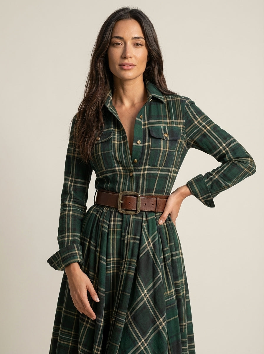 Beatriz – Vestido Largo de Cuadros con Cinturón