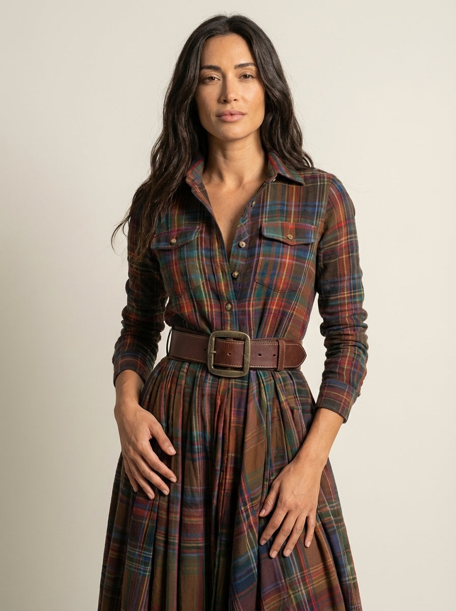 Beatriz – Vestido Largo de Cuadros con Cinturón