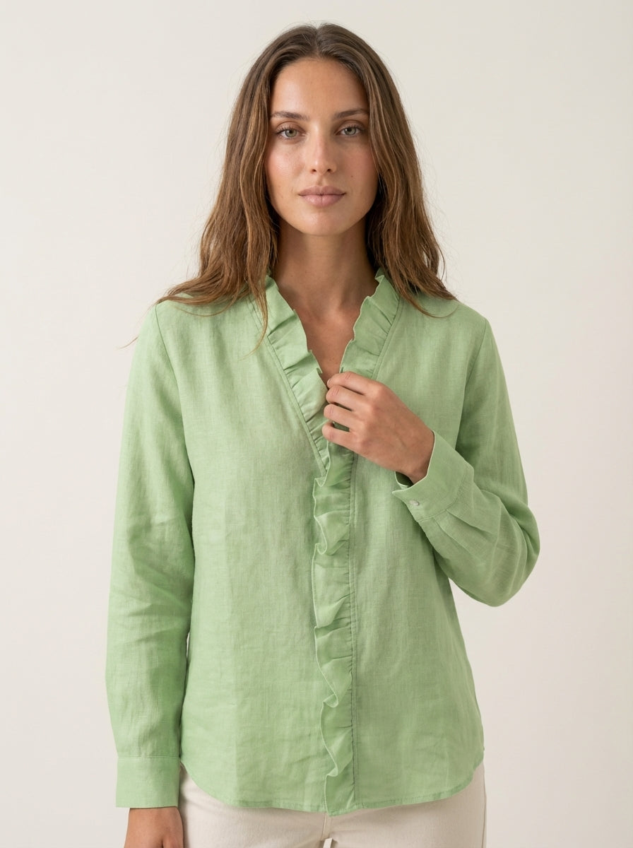 Indie – Blusa con Volantes, Cuello en V y Mangas Largas