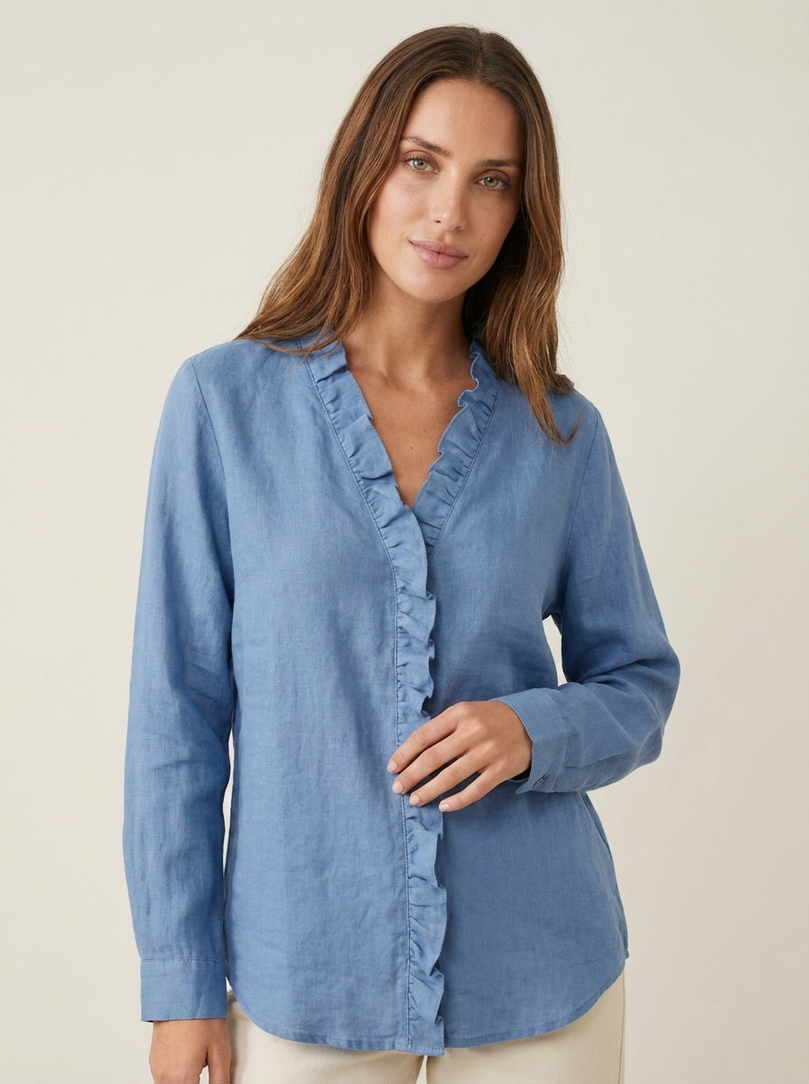 Indie – Blusa con Volantes, Cuello en V y Mangas Largas