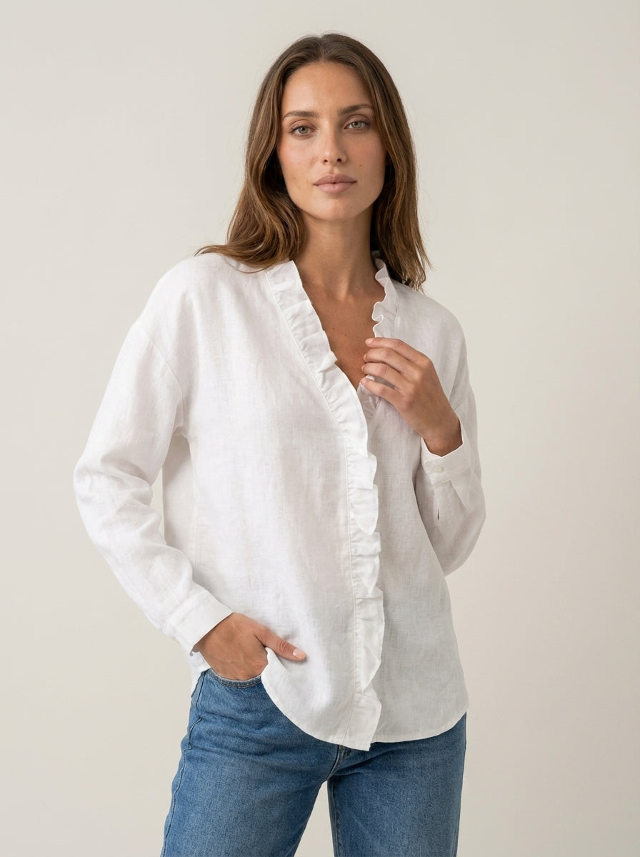Indie – Blusa con Volantes, Cuello en V y Mangas Largas