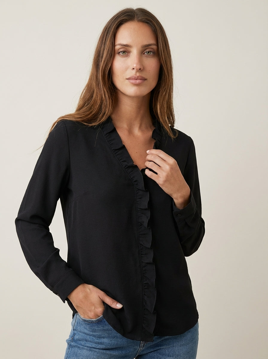Indie – Blusa con Volantes, Cuello en V y Mangas Largas