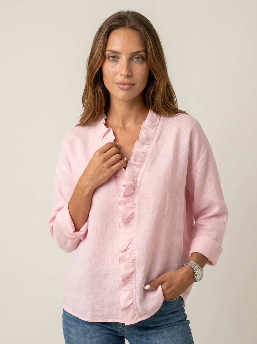 Indie – Blusa con Volantes, Cuello en V y Mangas Largas
