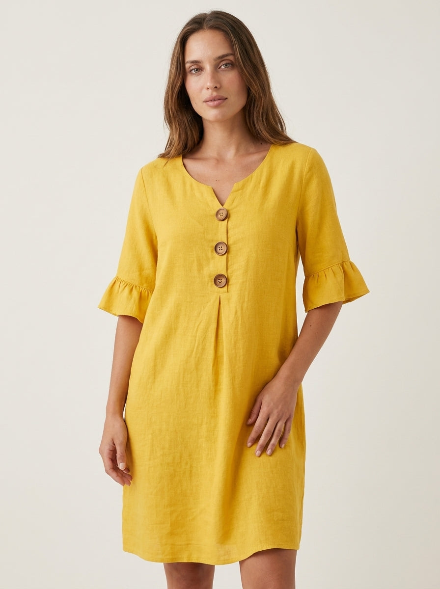 Vanesa - Vestido de Lino con Mangas Abullonadas y Botones