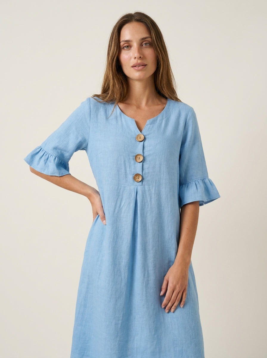 Vanesa - Vestido de Lino con Mangas Abullonadas y Botones