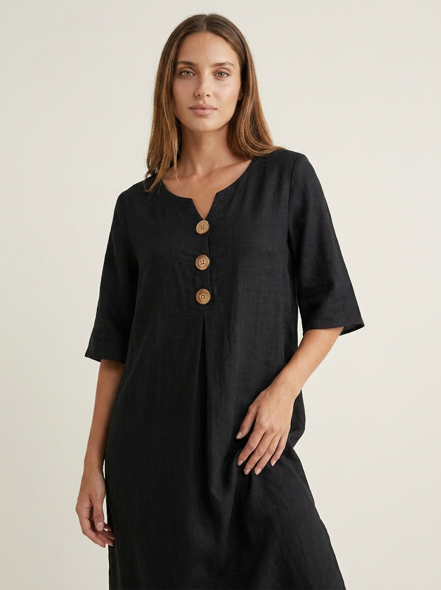 Vanesa - Vestido de Lino con Mangas Abullonadas y Botones