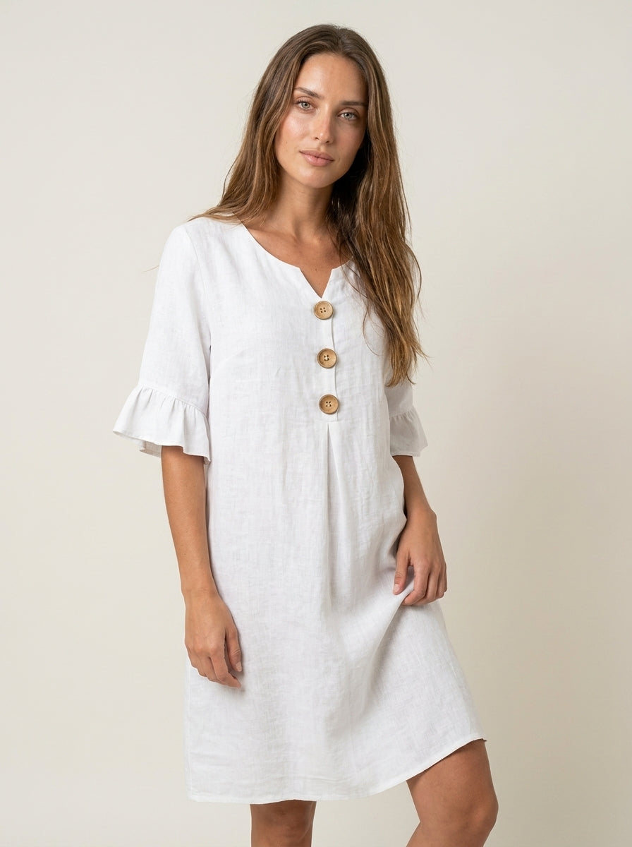 Vanesa - Vestido de Lino con Mangas Abullonadas y Botones