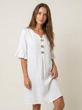 Vanesa - Vestido de Lino con Mangas Abullonadas y Botones