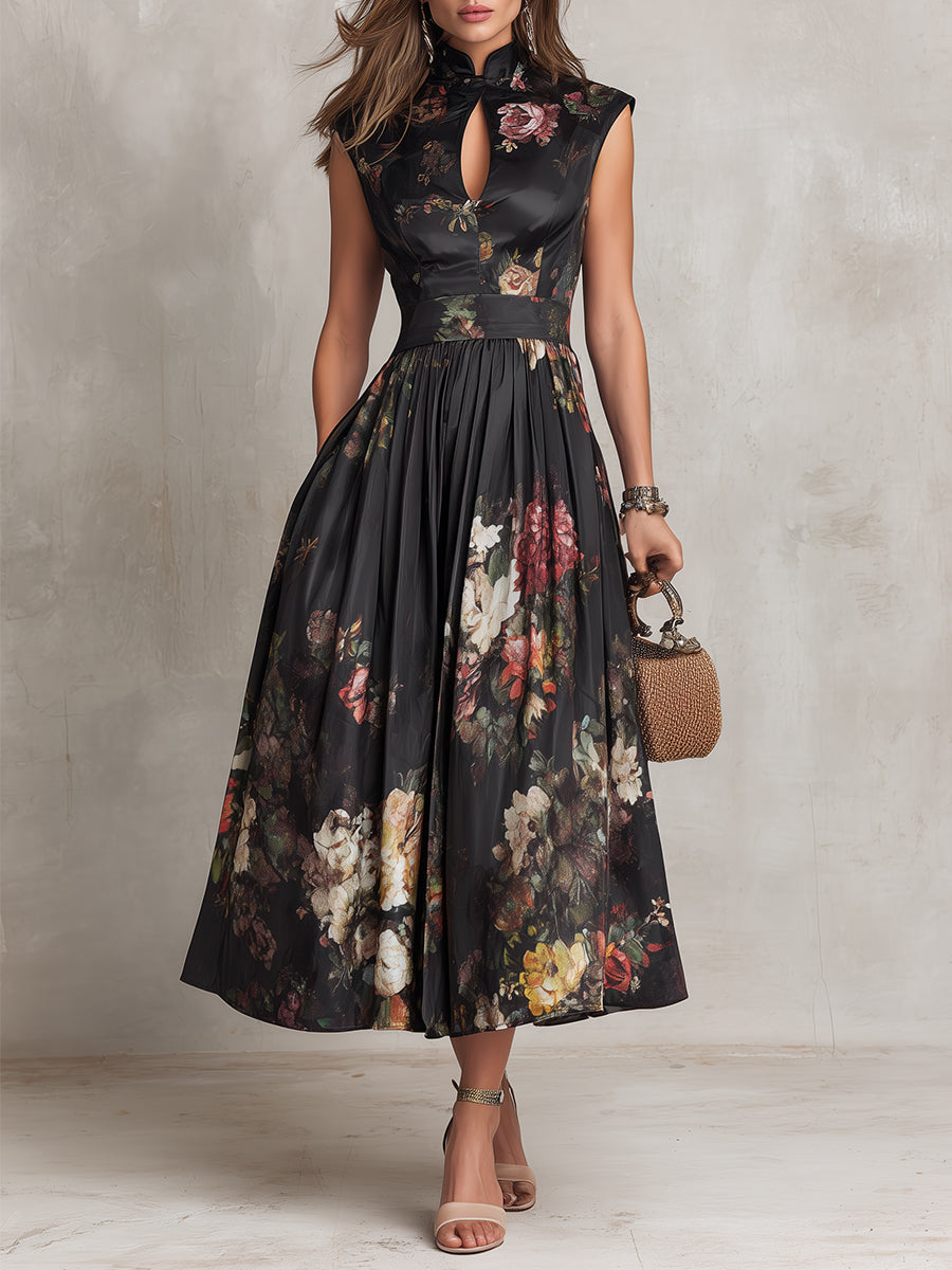 Vestido Midi de Satén Plisado con Escote Keyhole Negro