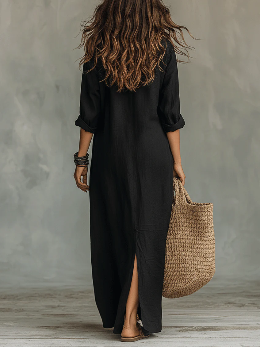 Veronica | Vestido largo negro tipo maxi con botones