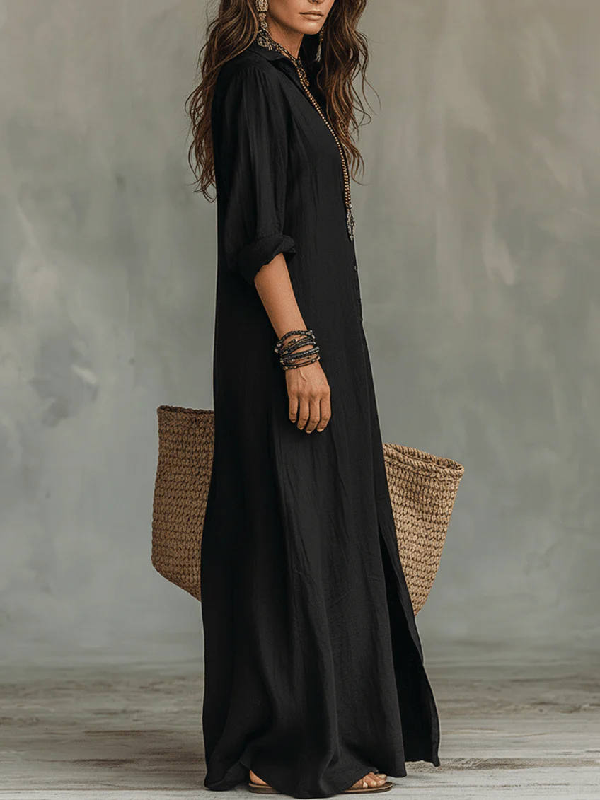Veronica | Vestido largo negro tipo maxi con botones
