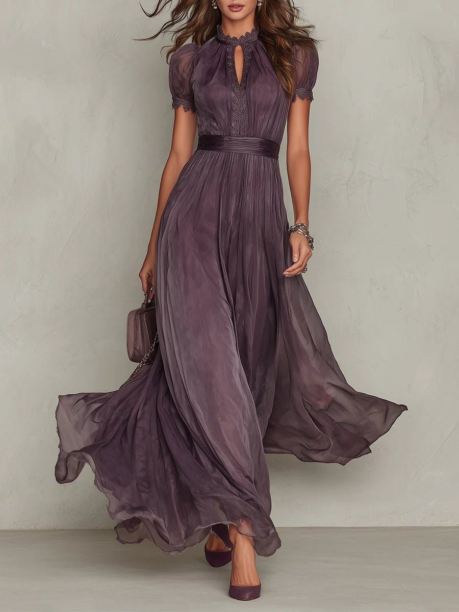 Vestido Maxi de Chifón con Cuello Abierto Morado